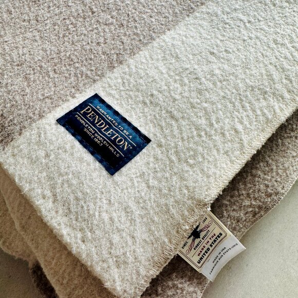 Pendleton Wool Blanket Full/Queen Size Custom One of a Kind Beige White Striped - Picture 3 of 7